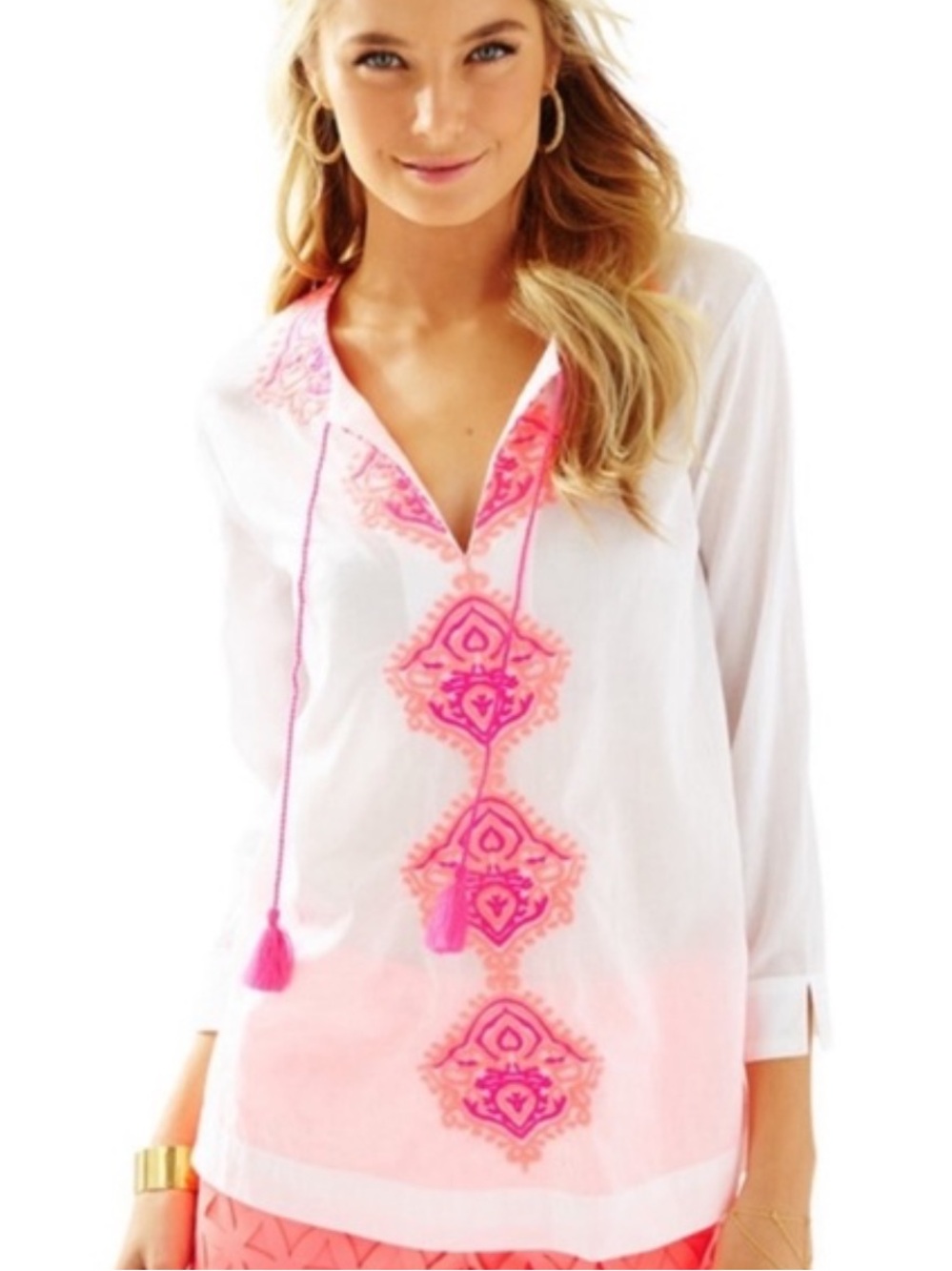 Lilly Pulitzer White Tunic with Hot Pink Embroidery and Tassels